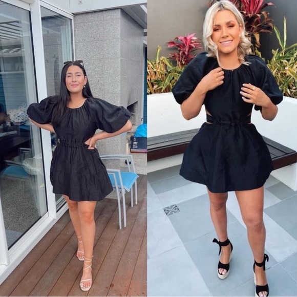 Aje Psychedelia Puff Sleeve Cut Out Mini Dress Tie Back Black Size Medium/8 - Picture 15 of 16